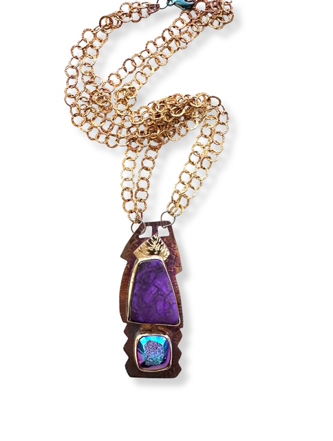 Image 4 for 3 Sterling Silver, Fine Silver Bezels, 18k Gold, Sugilite, and titanium plated Quartz Druzy Necklace with Sterling Silver Chain