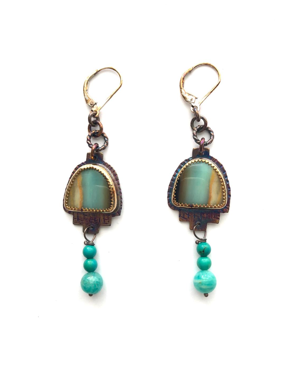 Blue Opal Displaced Petrified Wood, Turquoise and Amazonite Beads Earrings in Sterling Silver