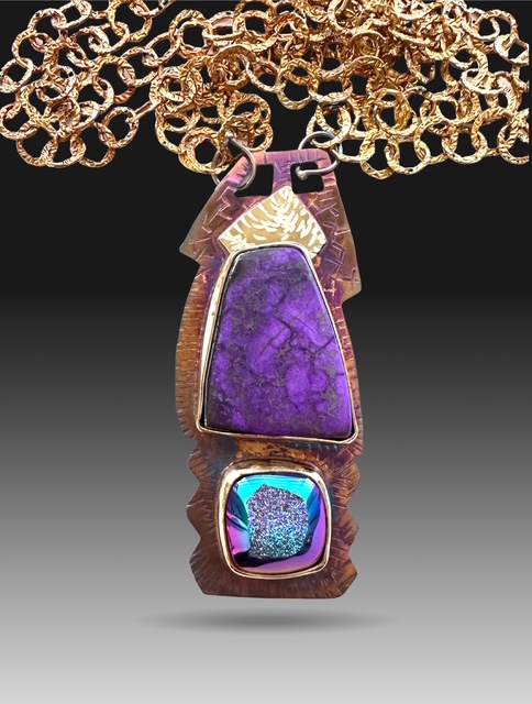 Image of 3 Sterling Silver, Fine Silver Bezels, 18k Gold, Sugilite, and titanium plated Quartz Druzy Necklace with Sterling Silver Chain by  