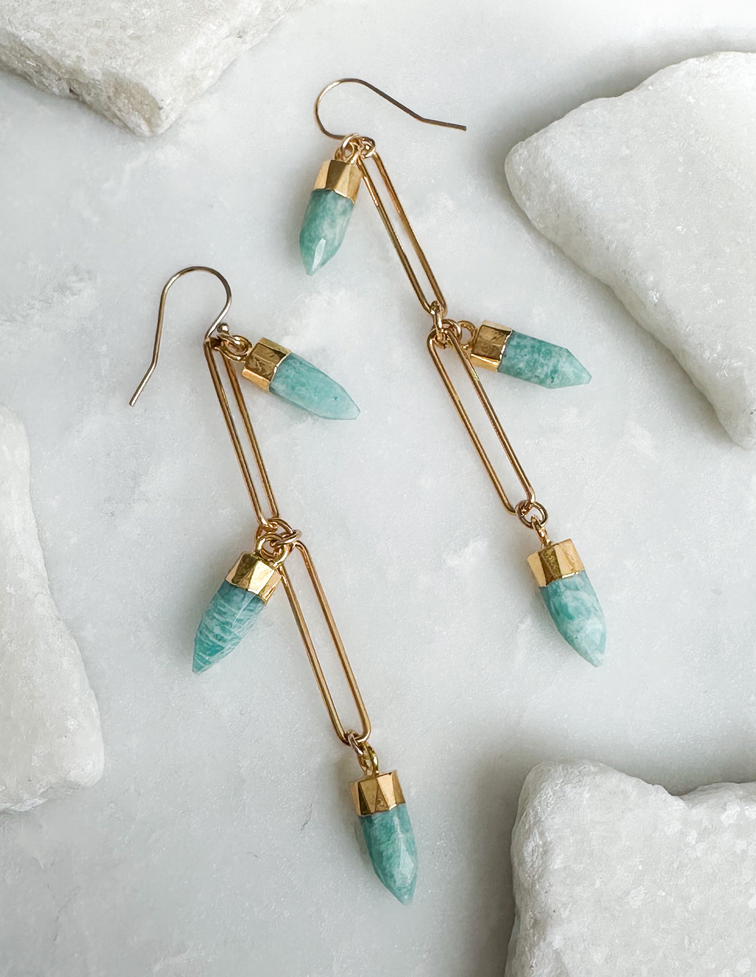 Image of Amazonite Triple Stone on Elongated Double Link Chain Earrings - Trunk Show by  RACH B Jewelry