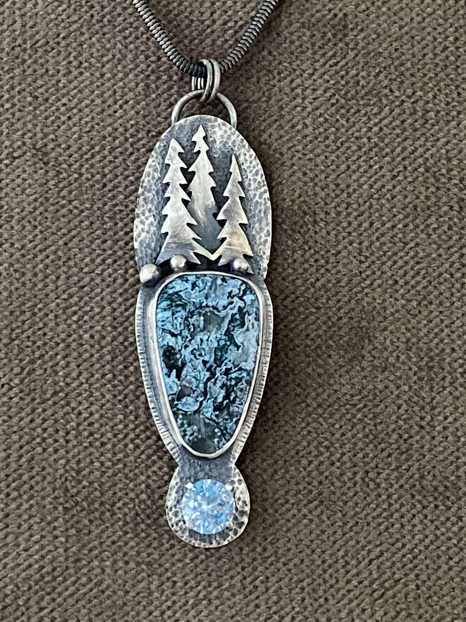Image of Three Tree Plume Agate, Blue Topaz and SS Necklace by Michelle Zjala Winter