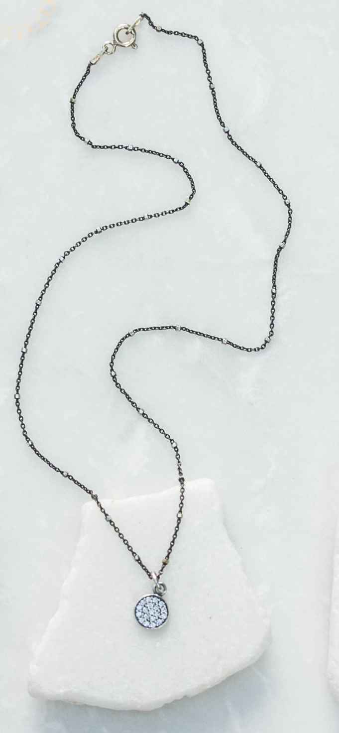 Cubic Zirconia Pave Coin Pendant Short Necklace - Oxidized Silver
