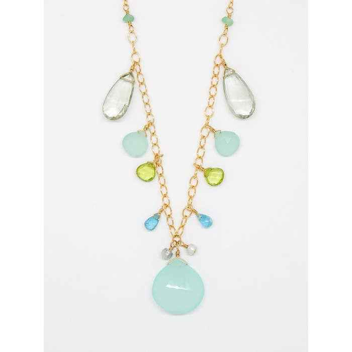 Chrysoprase, Green Amethyst, Chalcedony, Peridot, Apatite, Sapphire on Gold Filled Chain Necklace 17