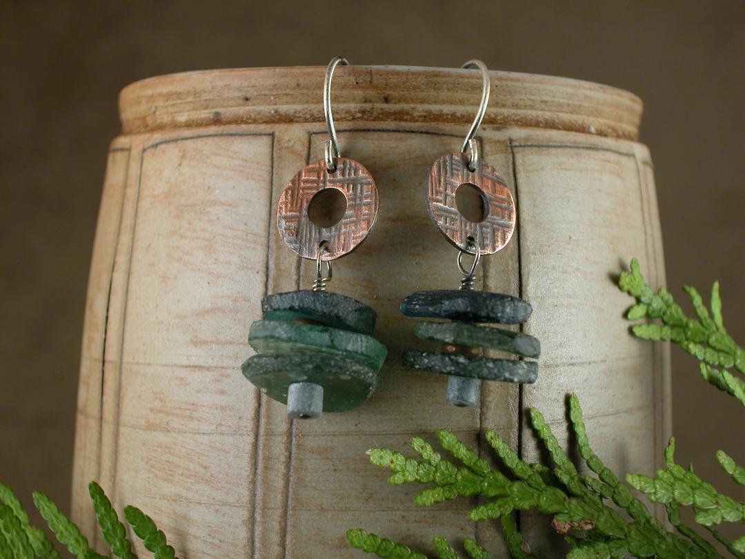 Roman Glass Earrings in Sterling Silver and Copper