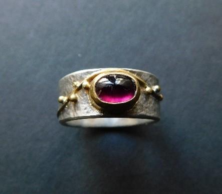 Vine Ring Size 6 3/4 ~ Sterling Silver, 22k Gold, Red Tourmaline, 7mm x 5mm 1 ct