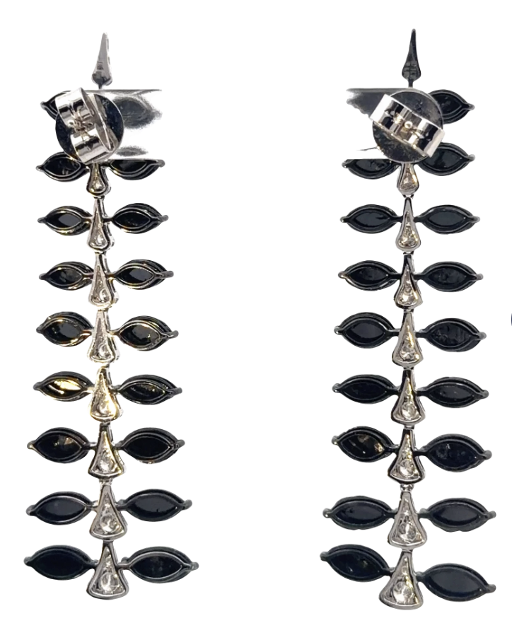 Image 3 for 18 Karat White Gold, Black and White Diamond Earrings in Leaf Dangle Motif