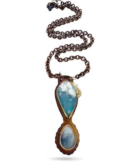 Image 2 for 6 Sterling Silver, Fine Silver Bezels, 18k Gold, Plume Agate over Blue Resin and Rainbow Moonstone Necklace with Sterling Silver Chain and Lobster Clasp