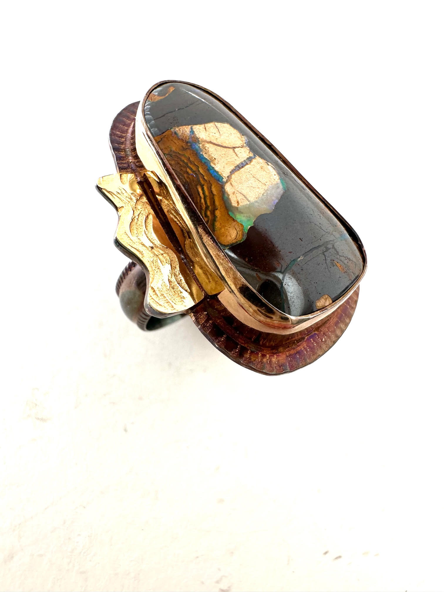 Image 2 for Sterling Silver, Fine Silver Bezel, 18k Gold, and Yowah Opal Ring - Size 7