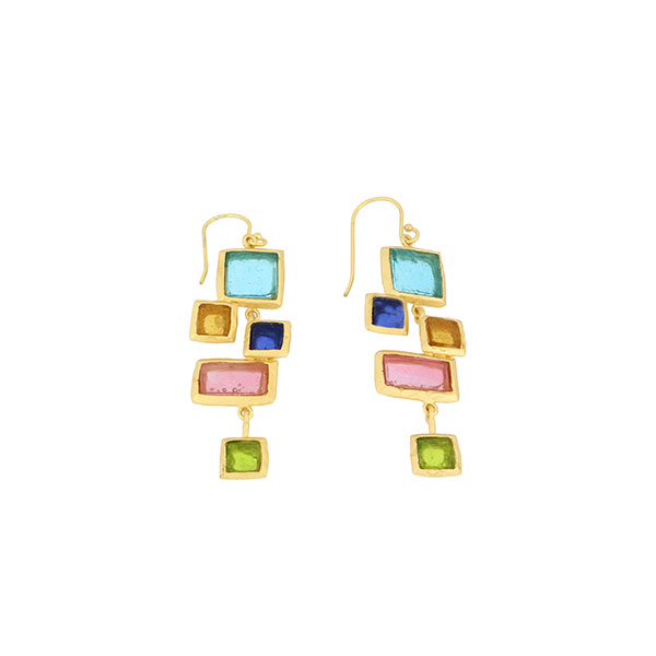 Mosaic Long Wire Earrings in Cobalt, Amber, Turquoise and Green