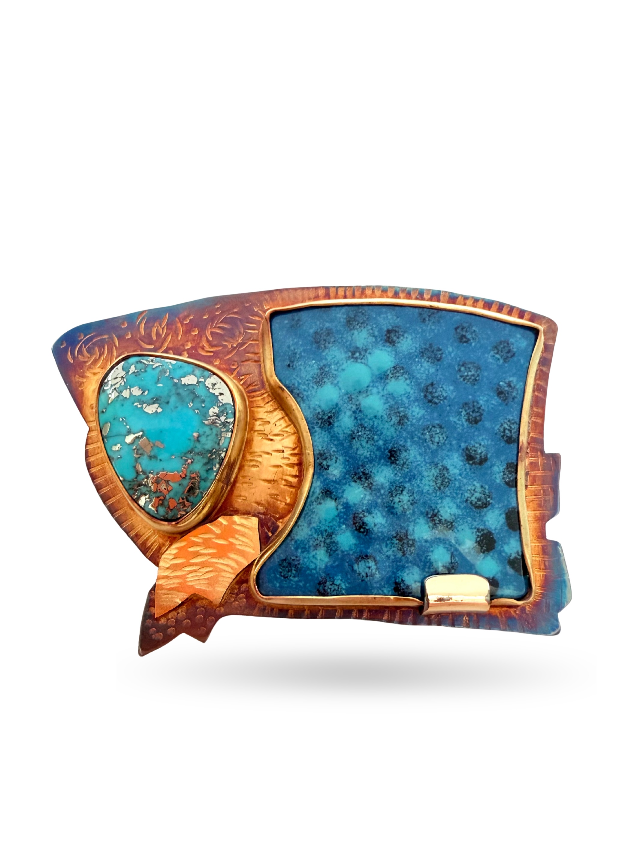 Image of 7 Sterling Silver, Fine Silver Bezels, Rare Persian Turquoise with Pyrite Flecks, 22k Gold, 18k Gold, and Enamel Brooch by Julie Shaw