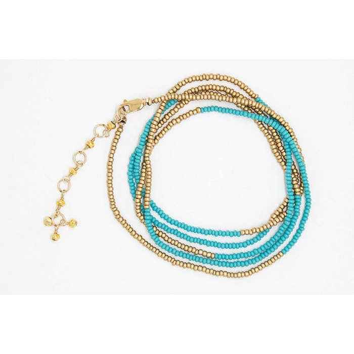 Turquoise Seed Bead and Gold Seed Bead Bracelet/Necklace