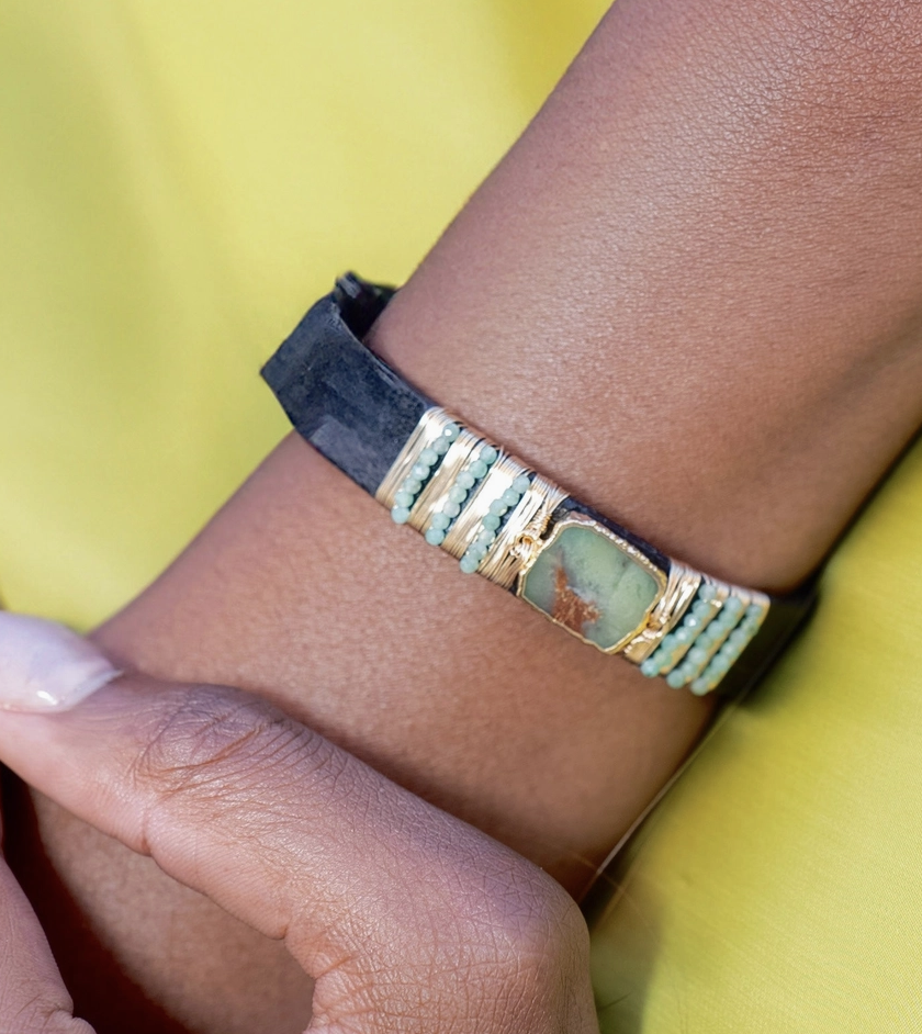 Image of Center Gem Gold Wired Beads Leather Bracelet, Chrysoprase/Emerald by Mabel Chong