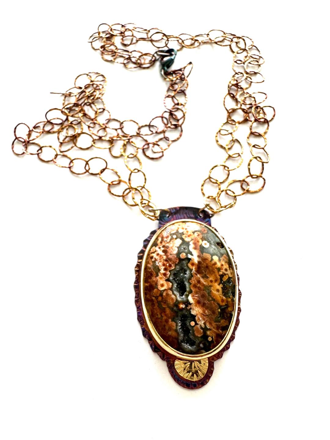 Sterling Silver, Fine Silver Bezel, 18k Gold, and Orbicular Jasper with Quartz Crystals Popping Through Necklace with Sterling Silver Chain and Lobster Clasp