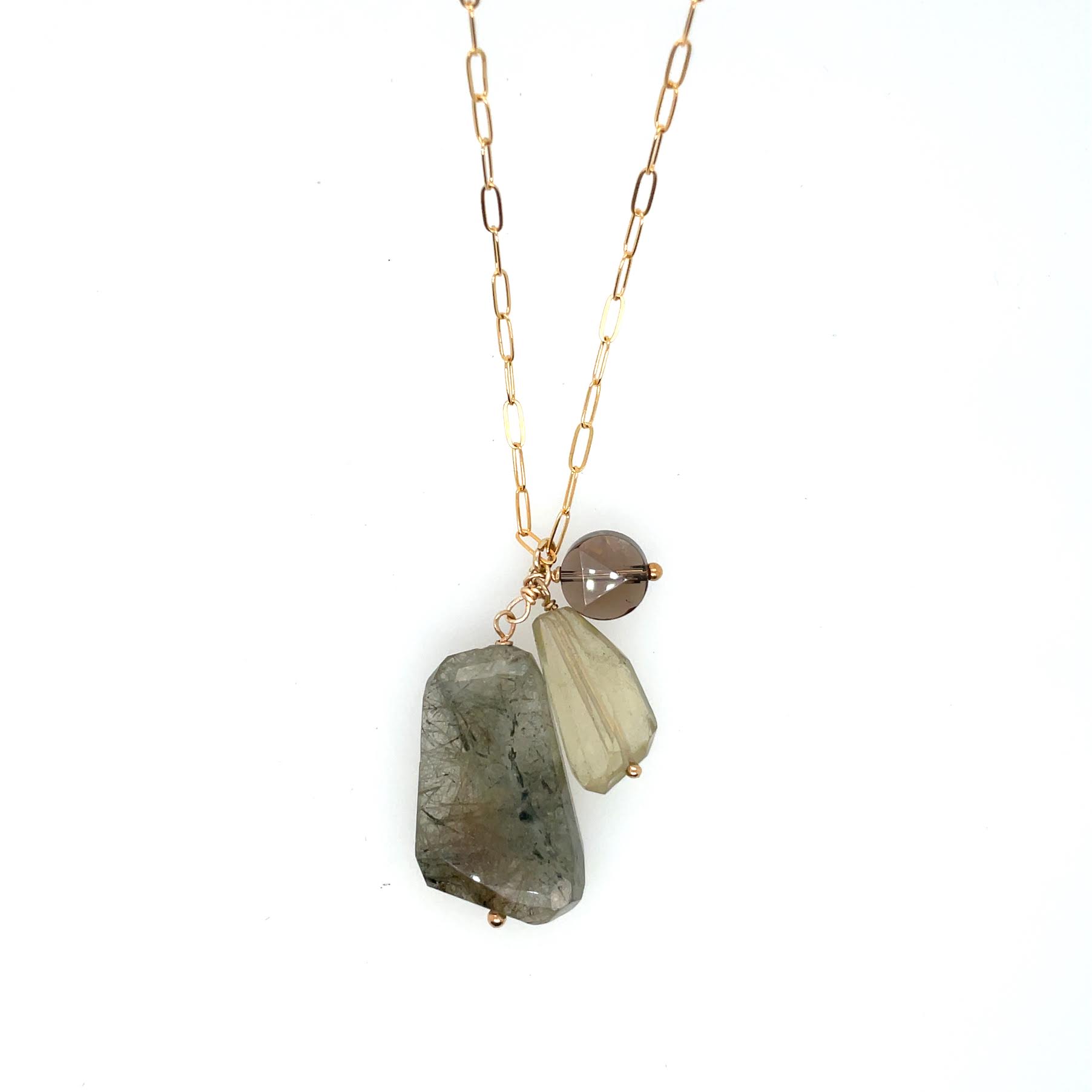 Image of Rutilated Quartz, Smokey Quartz, and Lemon Quartz Cluster Necklace - 14k Gold Fill - Trunk Show by  RACH B Jewelry