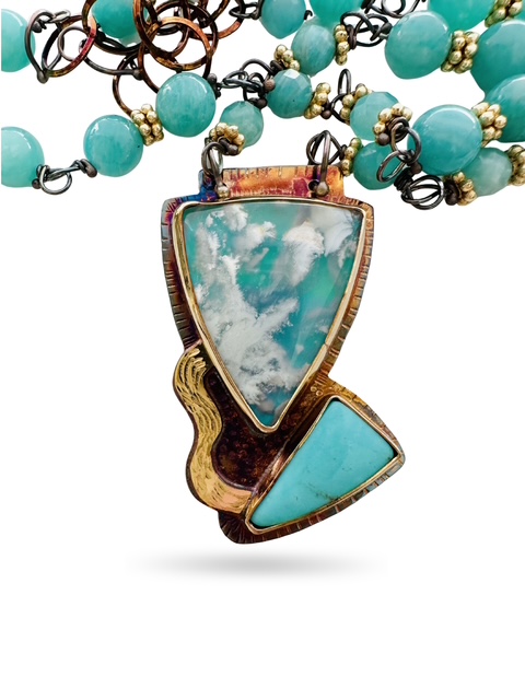 Image of 6 Sterling Silver, Fine Silver Bezels, 18k Gold, Plume Agate over Blue Resin, and Kingman Mine Turquoise Necklace with beads of Amazonite, and Gold Fill Spacers, Sterling Silver Chain and Lobster Clasp by Julie Shaw