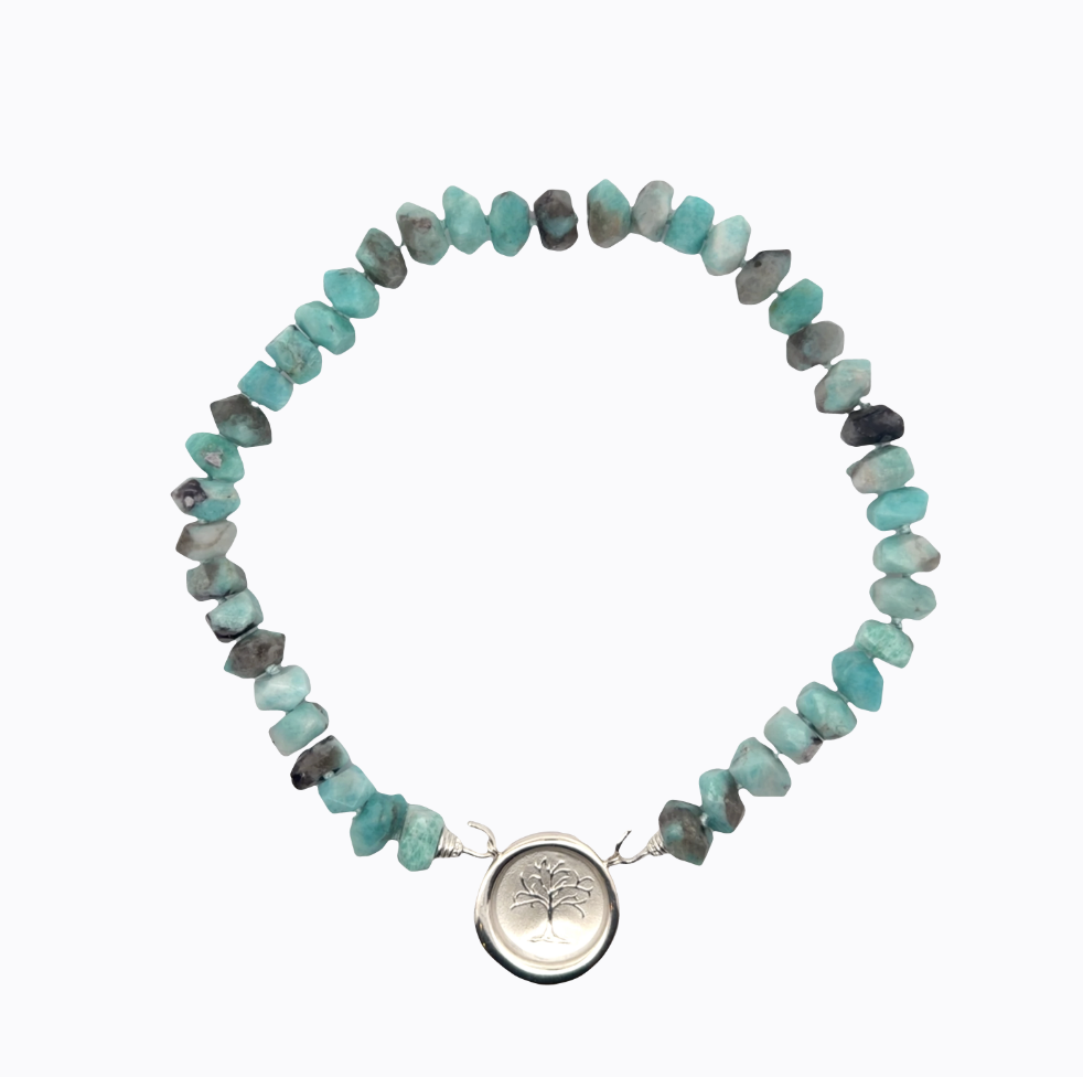 Image of 12 to 13 mm Hand Faceted Flat Rondelle Amazonite Strand on Hand Cast Sterling Hooks by Marcia McDonough