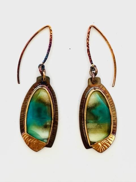 Sterling Silver, 18k Gold, and Blue Opal Petrified Wood Earrings