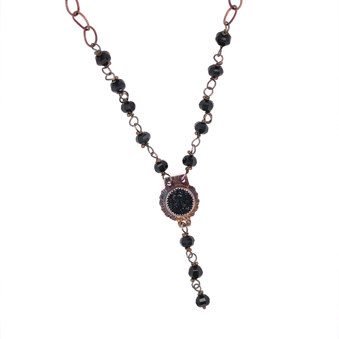 Black Quartz Druzy, Spinell Beads and Sterling Necklace