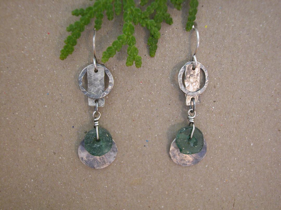 Circle Stick Earrings, Sterling and Roman Glass