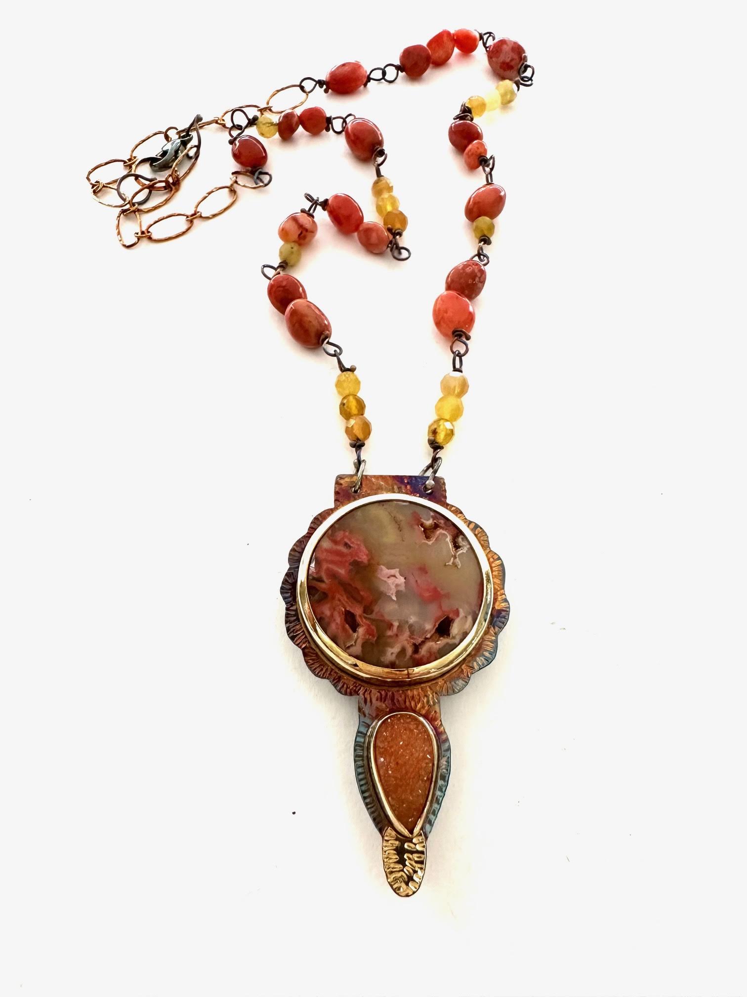 Image 2 for Sterling Silver, Fine Silver Bezels, 18k Gold, Sumatra Agate, and Druzy Necklace with Yellow Opal and Coral Beads Strung on Sterling Silver Chain with a Lobster Clasp