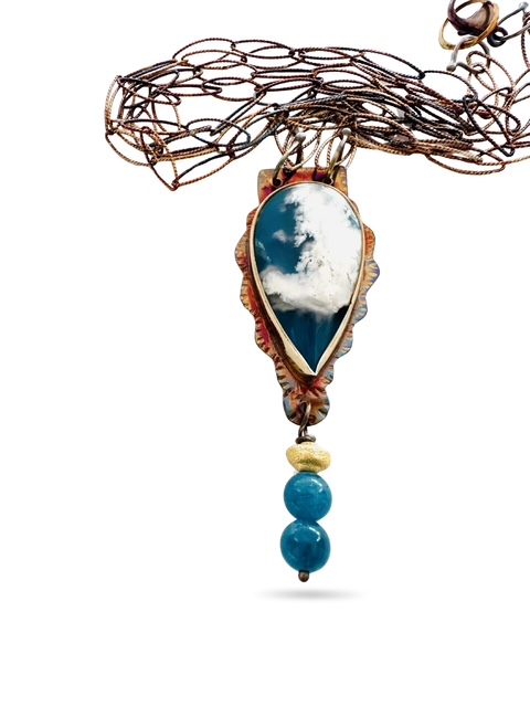 Image of 6 Sterling Silver, Fine Silver Bezel, Plume Agate over Blue Resin with Chrysocolla and Gold Fill Drop Necklace with Double Sterling Silver Chain and Lobster Clasp by Julie Shaw