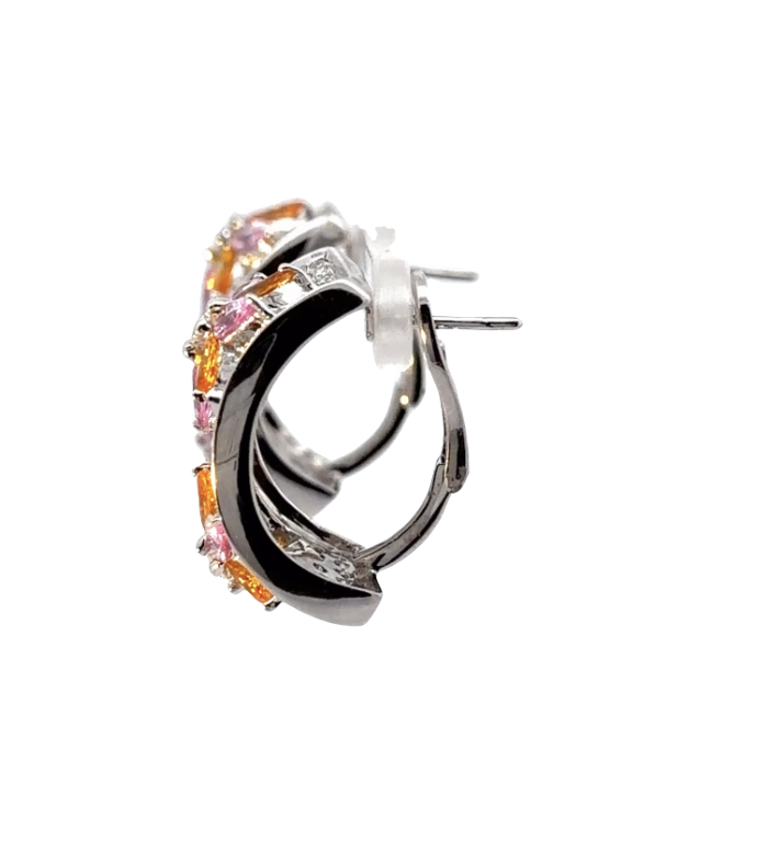 Image 2 for 18 Karat White Gold Fancy Diamond and Fancy Sapphire Fat Hoops with Floral Motif