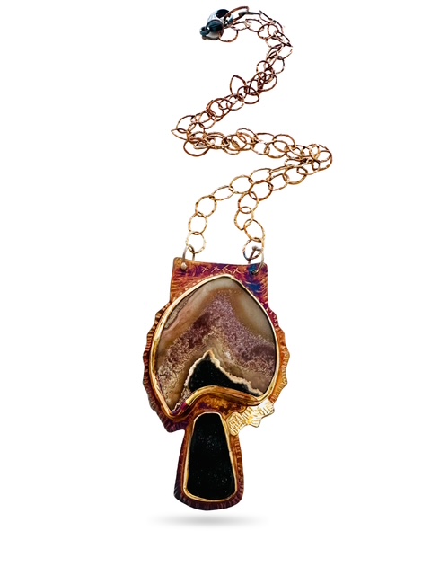 Image 2 for 3 Sterling Silver, Fine Silver Bezels, Black Quartz Druzy, Agate with Black Druzy within, and 18k Gold Necklace with Sterling Silver Chain and Lobster Clasp