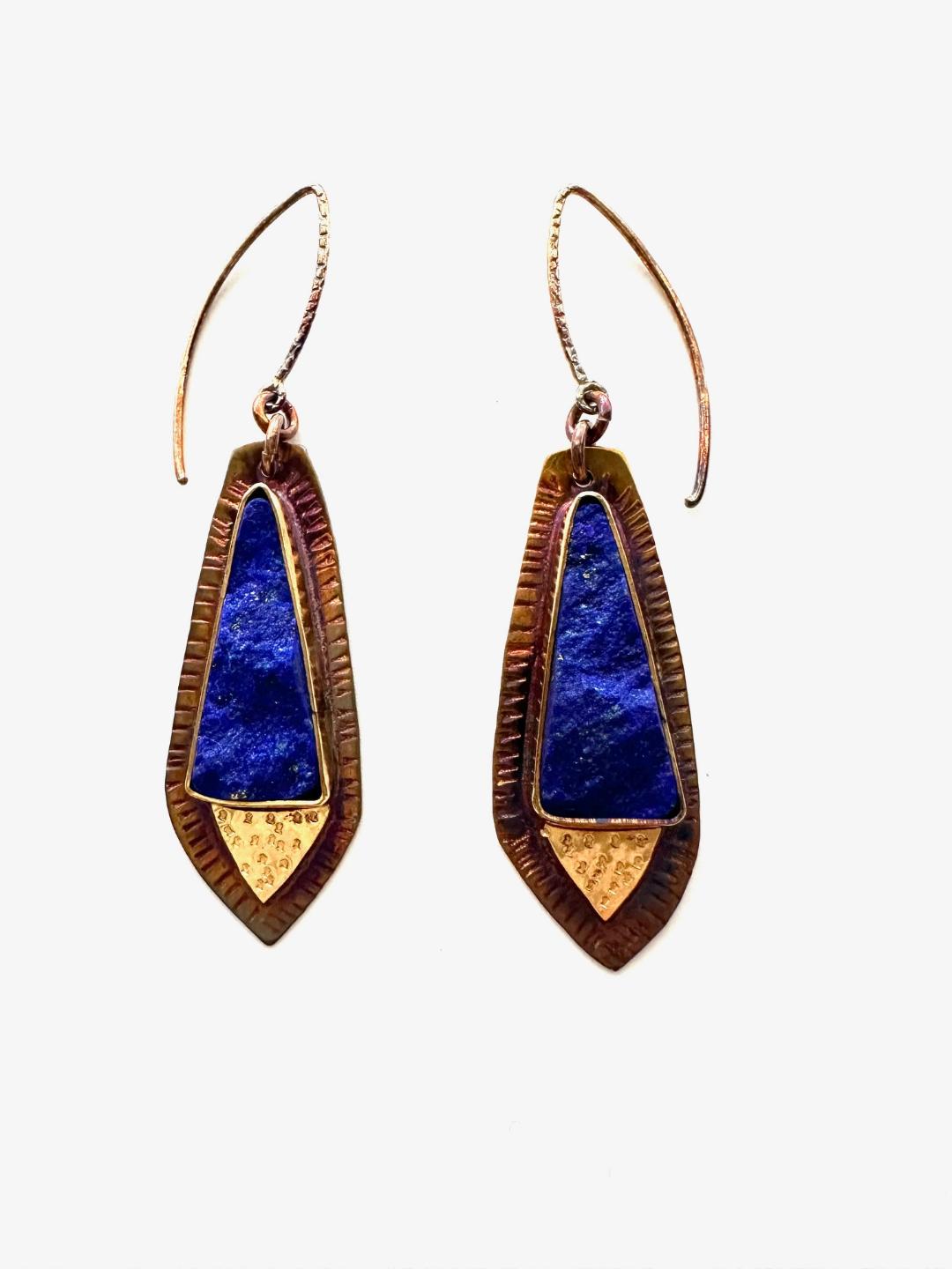 Sterling Silver, Fine Silver Bezels, 18k Gold, and Natural Surface Lapis Lazuli Earrings with Sterling Silver French Hooks