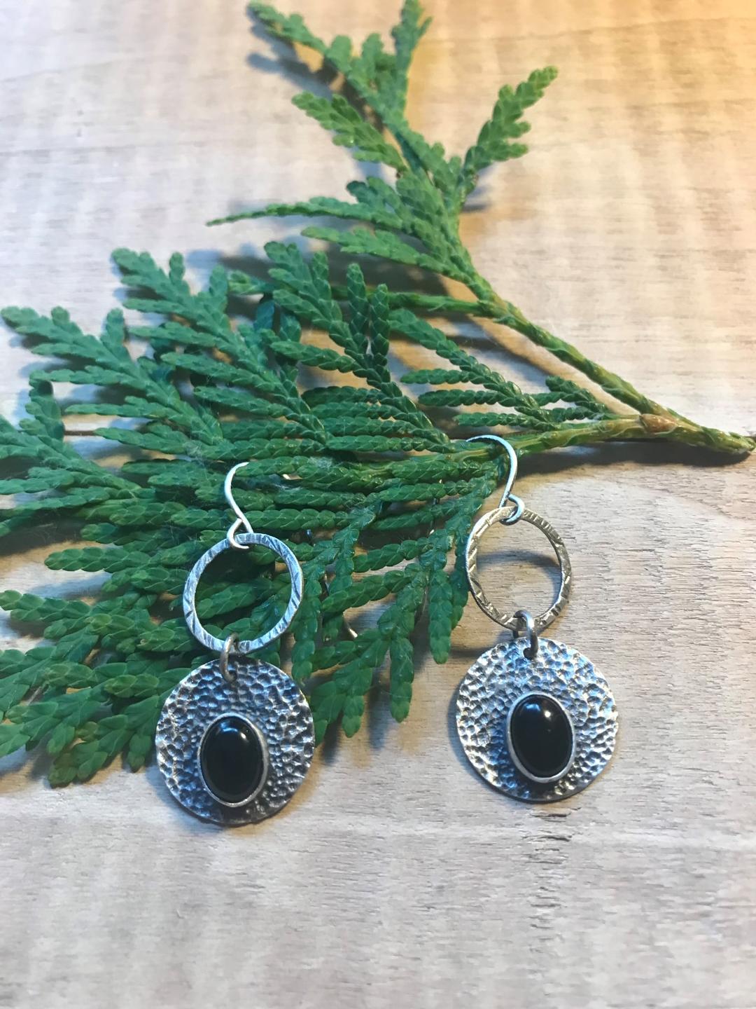 Black Onyx and Sterling Circle Earrings