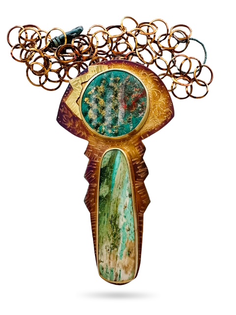 Image of 7 Sterling Silver, Fine Silver Bezels, 18k Gold, Collawood and Gold Leaf in the Enamel on Copper Necklace with Sterling Silver Chain and Revolving Lobster Clasp by Julie Shaw