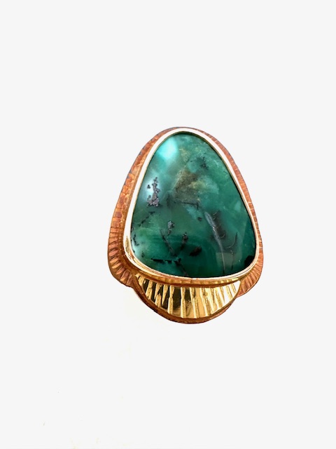 Image of Sterling Silver, Fine Silver Bezel, 18k Gold, and Blue Opal Wood Ring - Size 7 by Julie Shaw