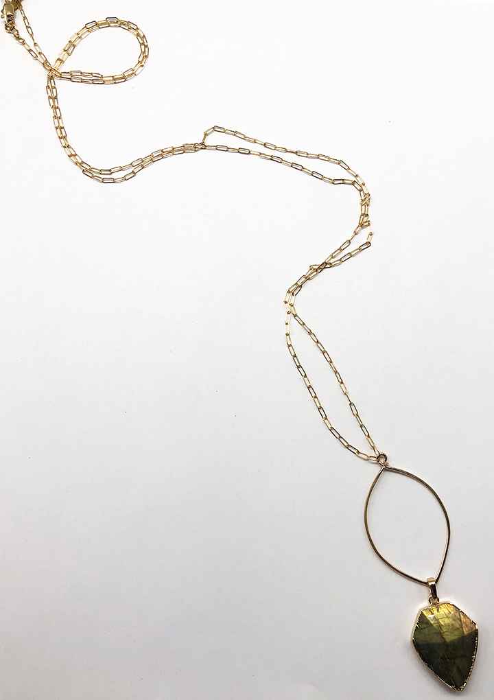 Labradorite Pentagon Triangle Hoop Pendant Long Necklace