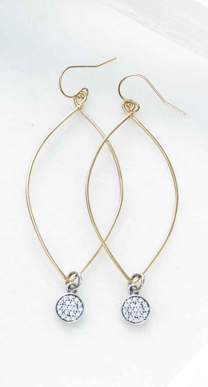 Gold Cubic Zirconia Pave Disc Marquise Hoop Earrings