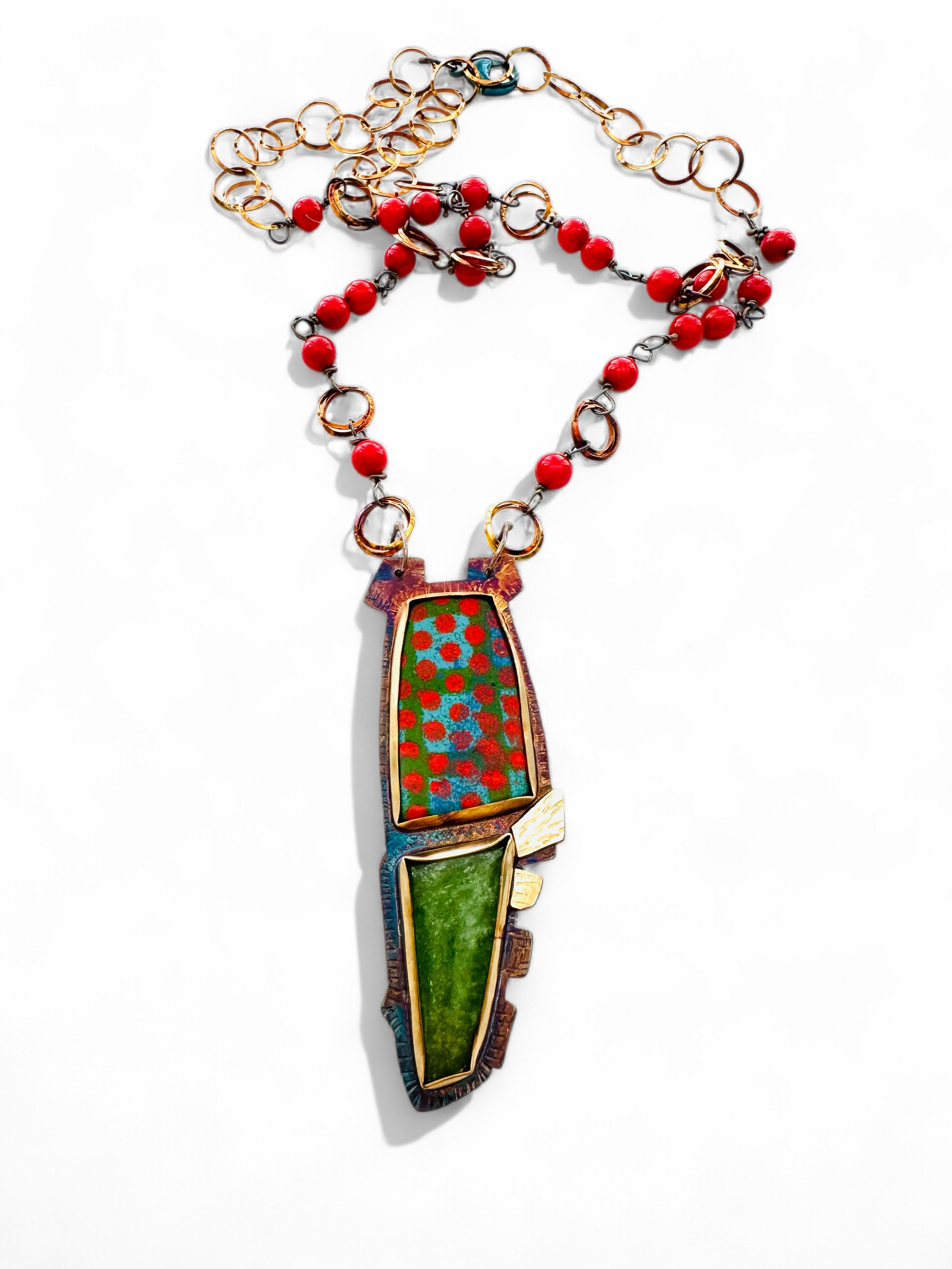 Image 2 for 7 Sterling Silver, Fine Silver Bezels, 18k Gold, Enamel and Serpentine Necklace with Sterling Silver Chain, Coral Beads, and Lobster Clasp
