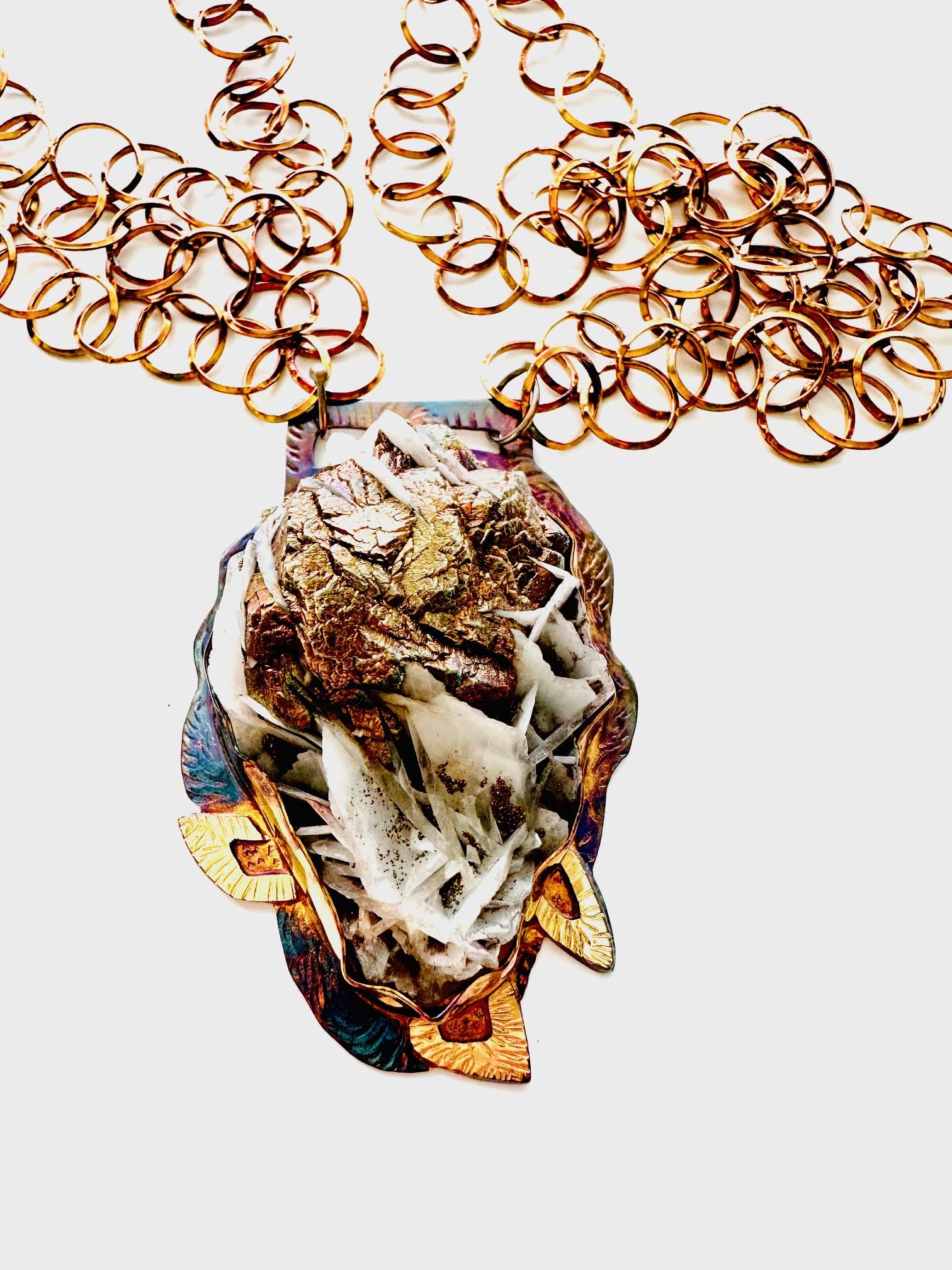 Image of Sterling Silver, Fine Silver Bezels, 18k Gold, Chalcopyrite and Selenite from South Australia Necklace on Sterling Silver Chain with a Magnetic Clasp by Julie Shaw