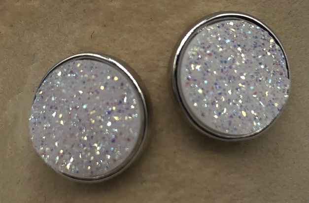 10mm Round White Druzy set in Silver Earrings