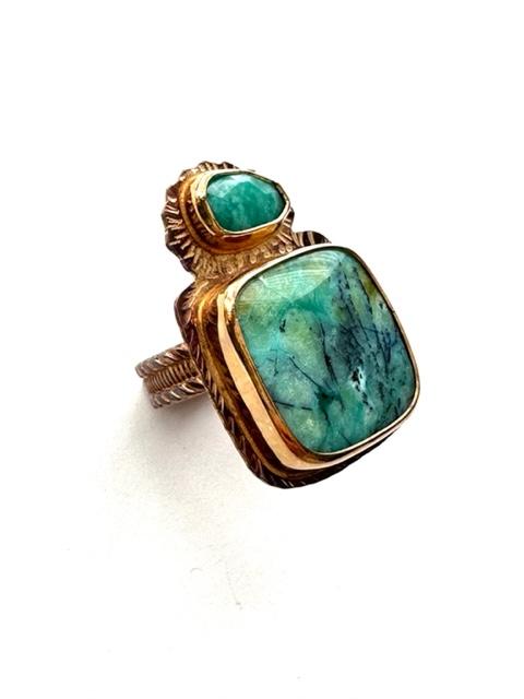 Sterling Silver, Faceted Amazonite, and Blue Opal Petrified Wood Ring ~ Size 7 1/2