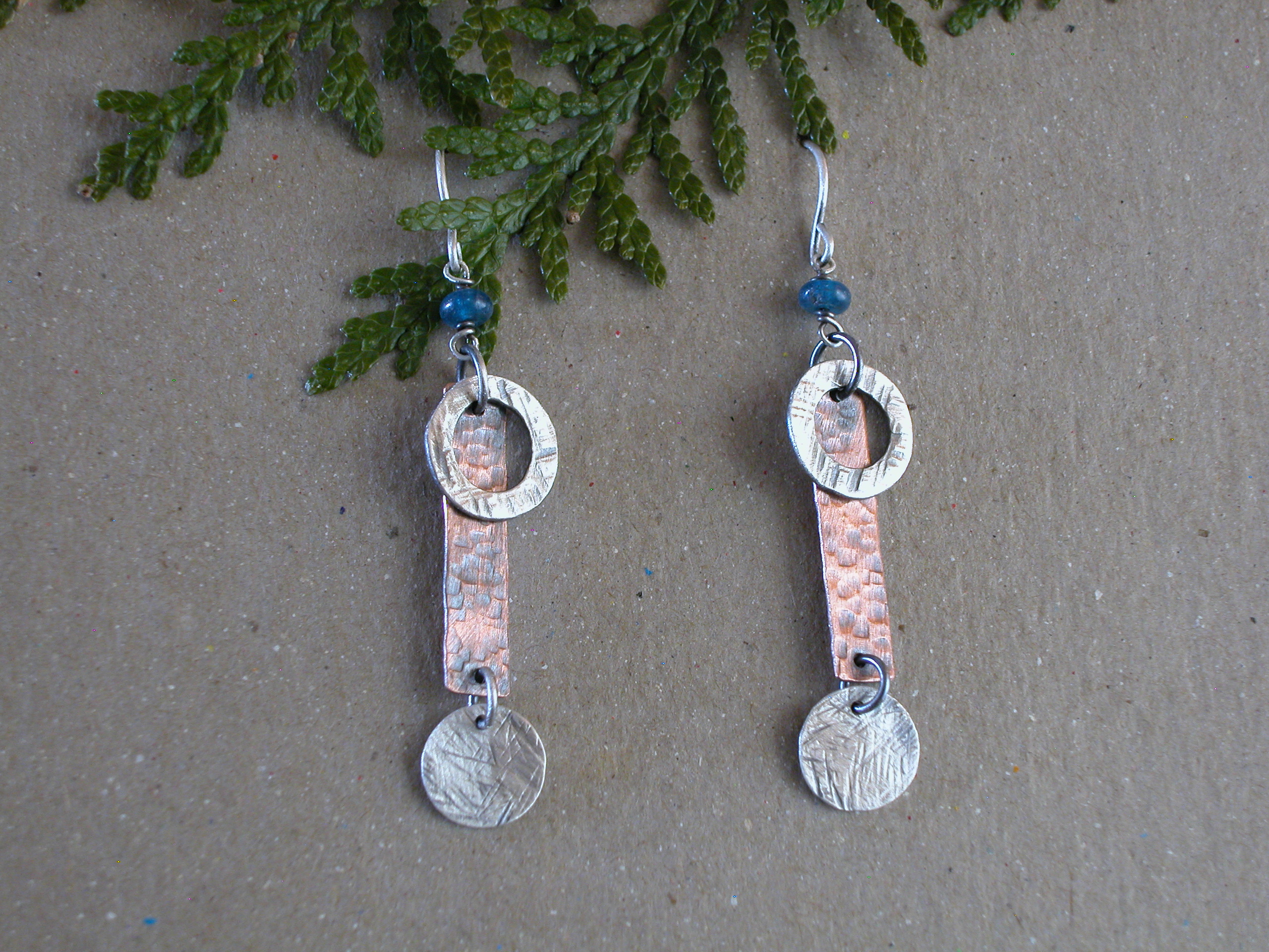 Circle Stick Earrings SS, Copper and Kyanite