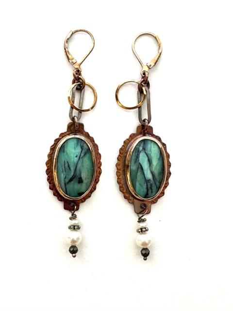 Sterling Silver, Blue Opal Petrified Wood and Pearl Earrings