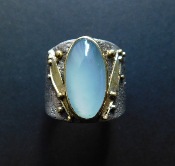 Botany Ring Sterling Silver, 22k Gold, Aquamarine 17x9mm, 6ct, 8-20mm wide (tapered), Size 9 (2170)