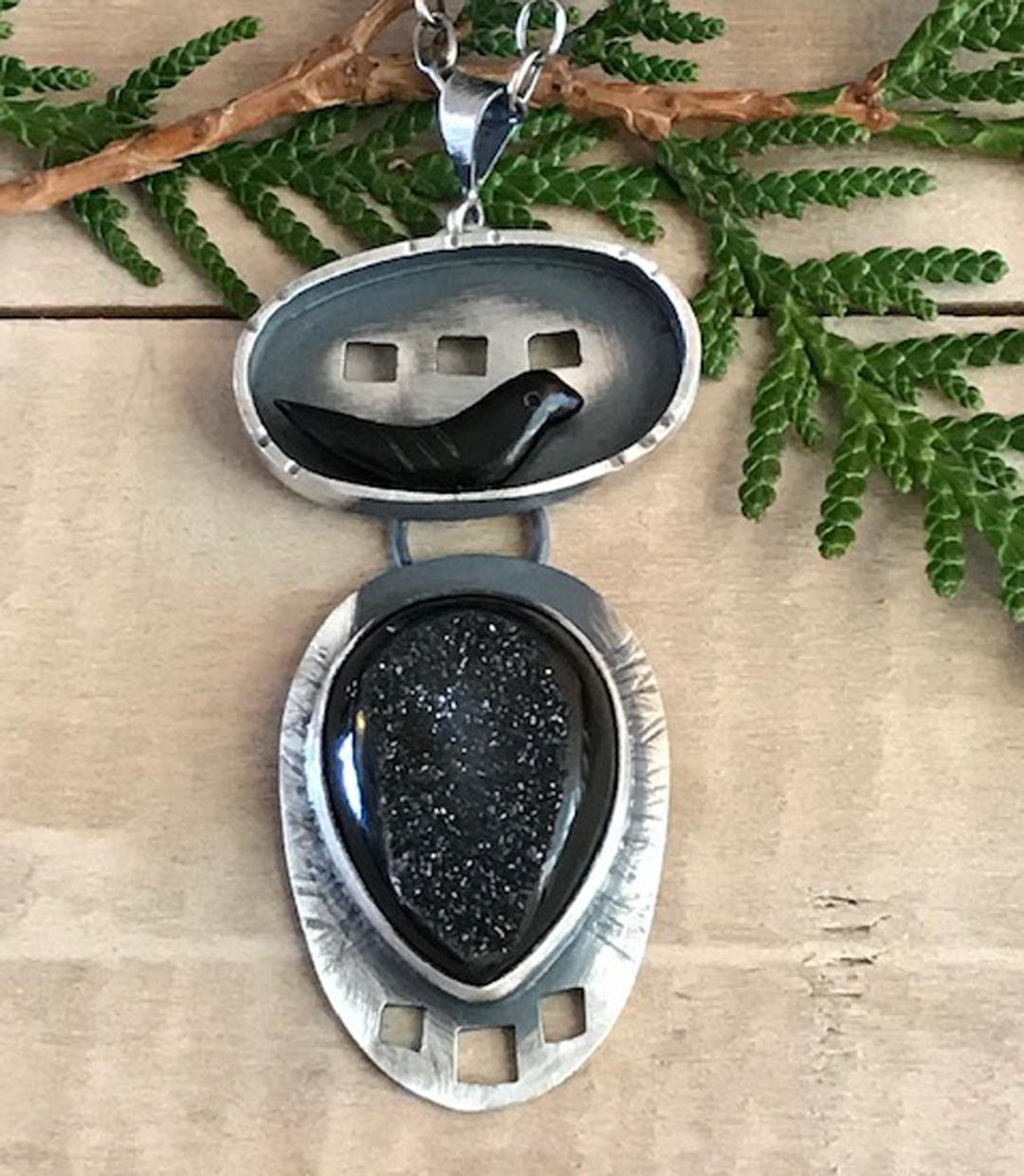 Bird House Necklace in Sterling Silver, Onyx and Drusy