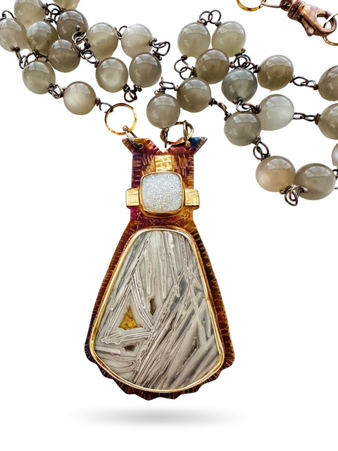 Image 1 for 5 Sterling Silver, Fine Silver Bezels, 18k Gold, Titanium treated Druzy Quartz and Lattice Lace Agate Necklace with Sterling Silver Chain, Black Moonstone Beads strung on Sterling Silver, and a Revolving Lobster Clasp