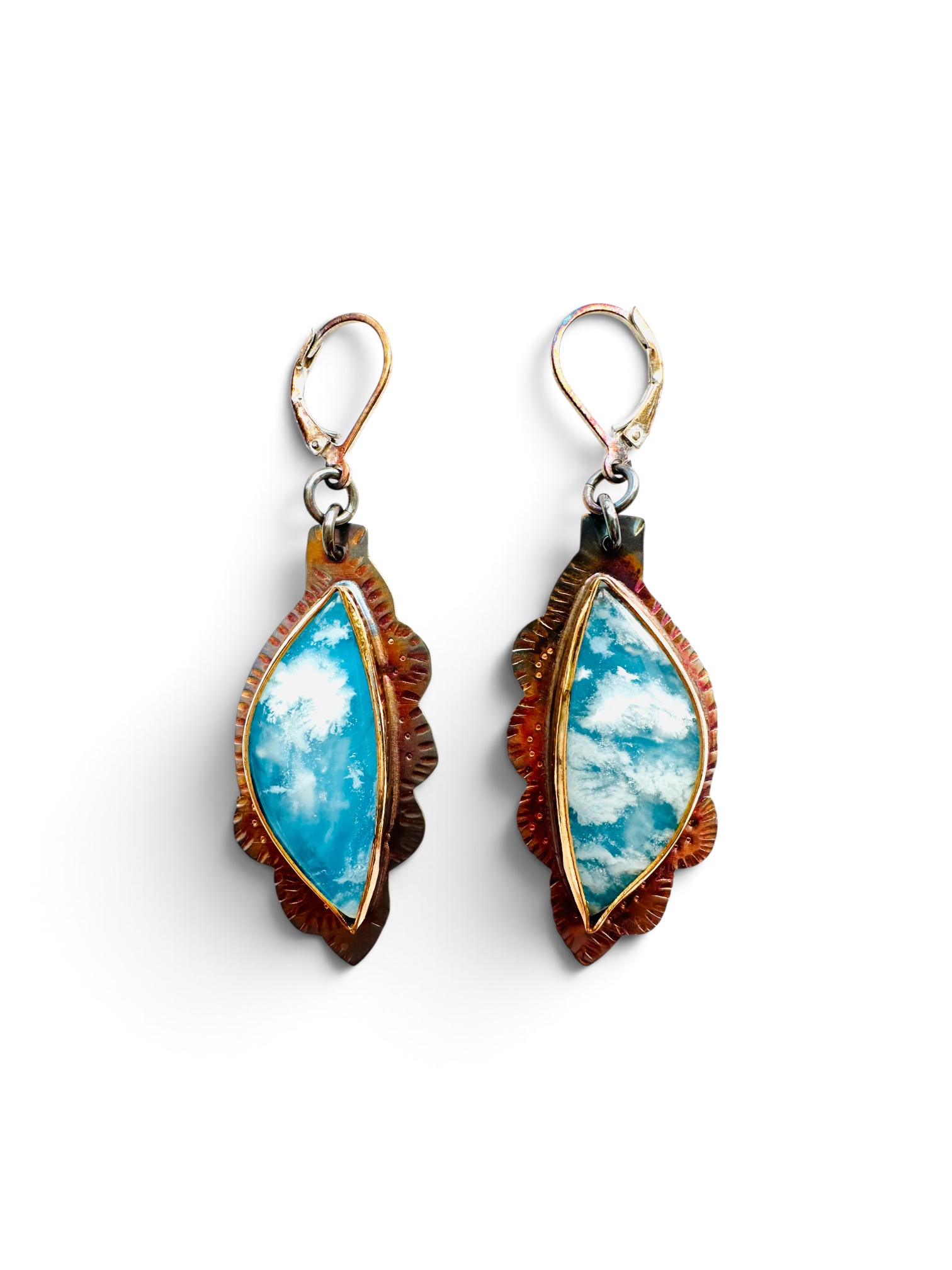 Image of 6 Sterling Silver, Fine Silver Bezels, and Plume Agate over Blue Resin Sterling Silver Lever Earrings by Julie Shaw