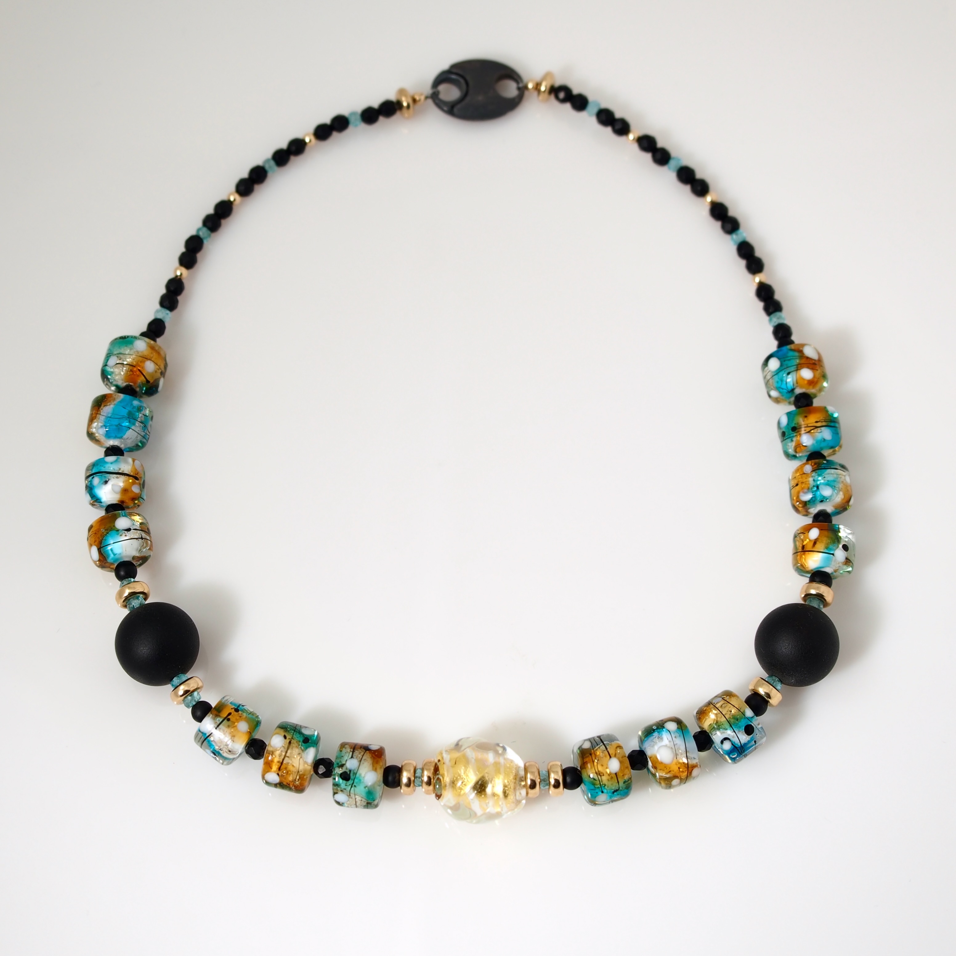 Blue and Gold Oxidized Sterling, 14kt. Gold-Fill, and Handblown Lampworked Bead Necklace