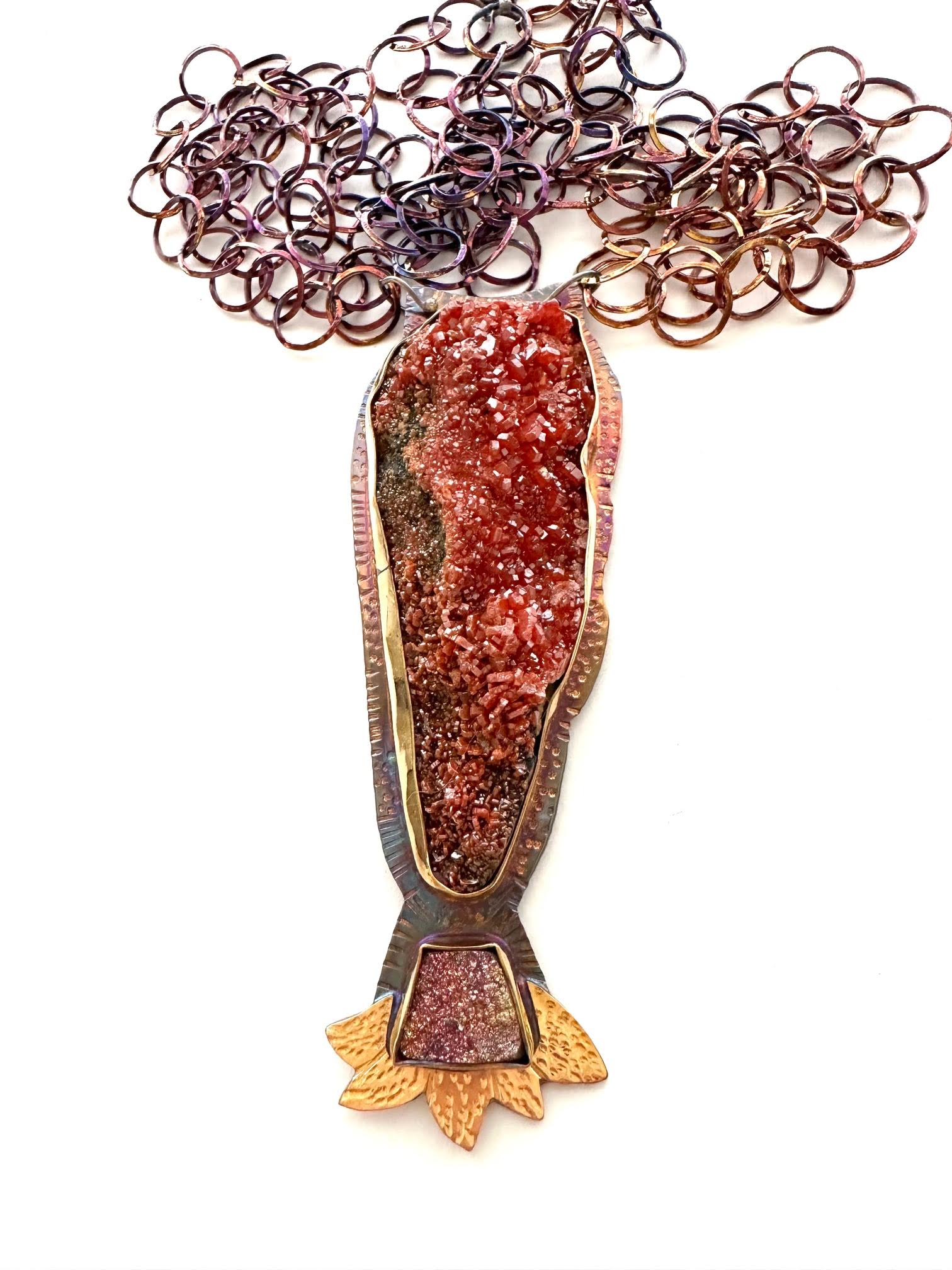 Image of Sterling Silver, Fine Silver Bezels, 22k Gold, Vanadinite from Morocco, and Pyrite Druzy Necklace on Sterling Silver Chain with Magnetic Clasp by Julie Shaw