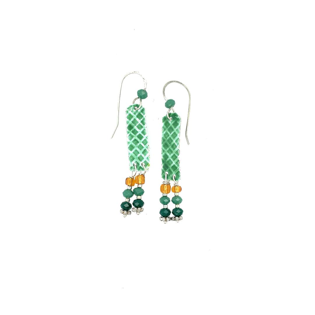 Long Narrow, Green with Beaded Dangles and Silver Hooks