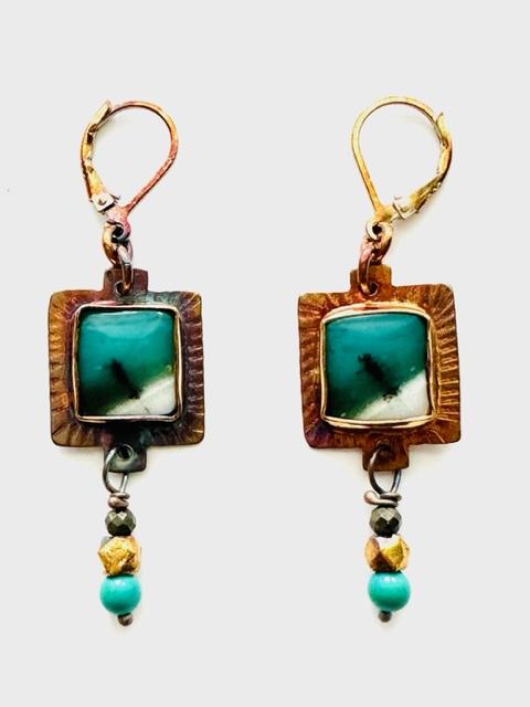 Sterling Silver and Blue Opal Wood Earrings with Turquoise, Pyrite and Gold Plated Bead Drops