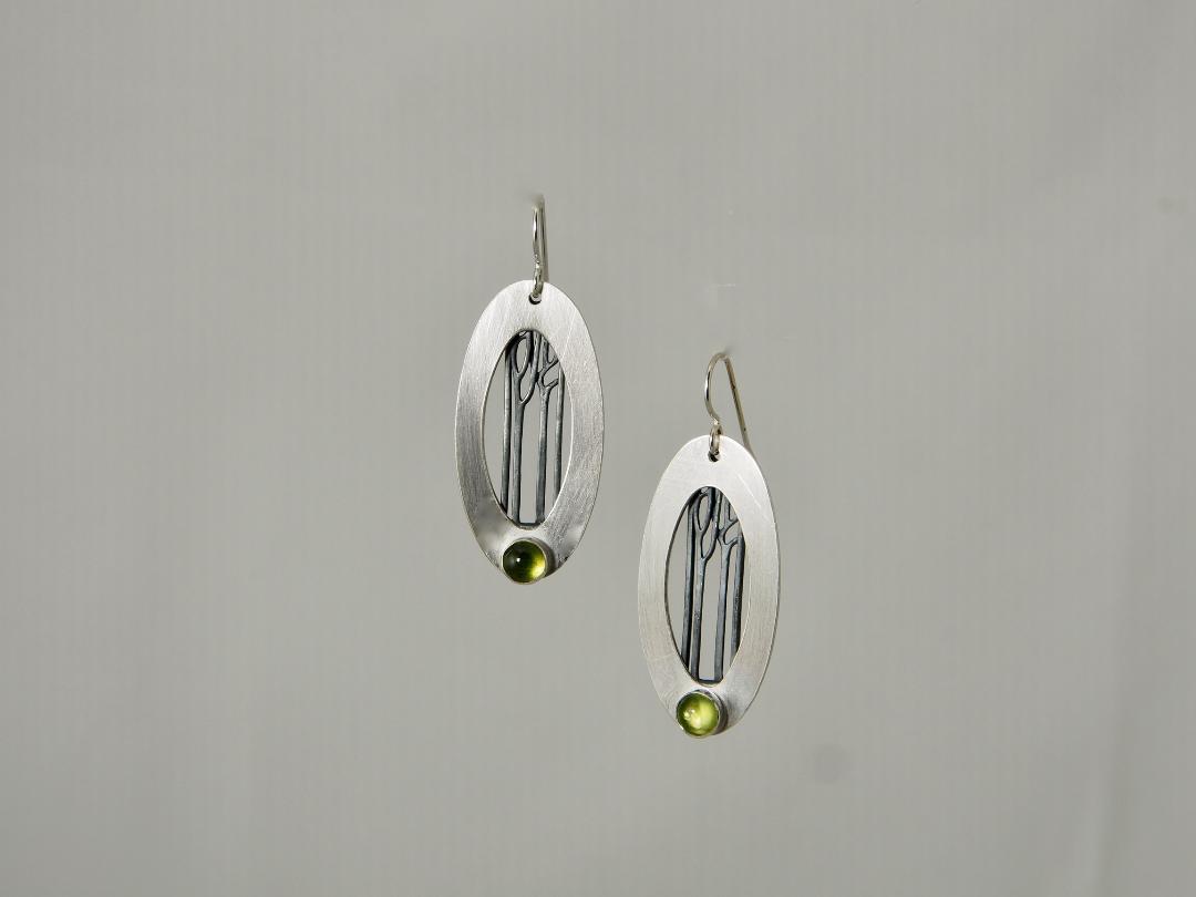 Tree in a Window Earrings with Sterling Silver, Oxidized Sterling and Peridot