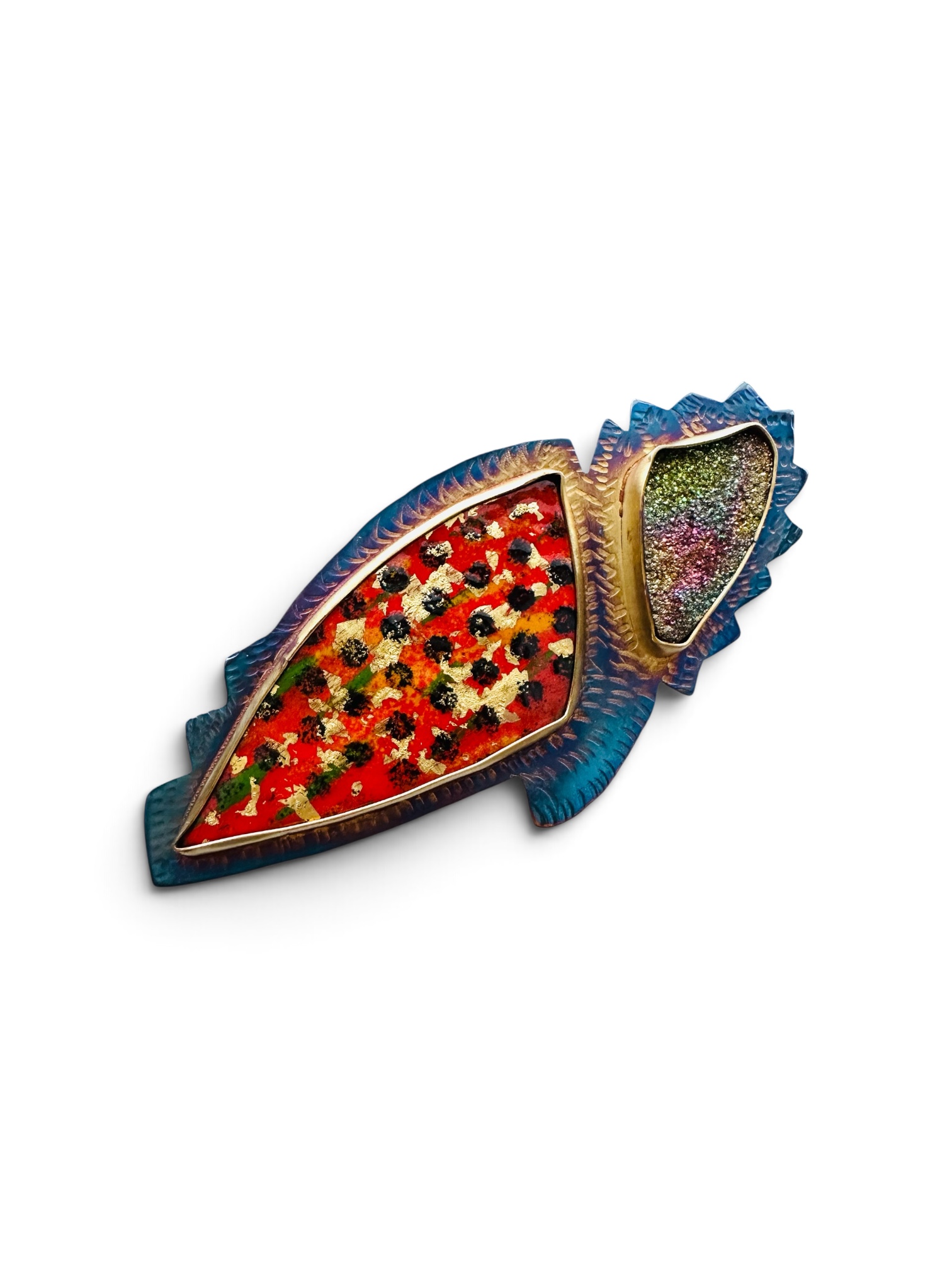 Image of Sterling Silver, Fine Silver Bezels, Gold Leaf in the Enamel on Copper and Rainbow Pyrite Druzy Brooch by Julie Shaw