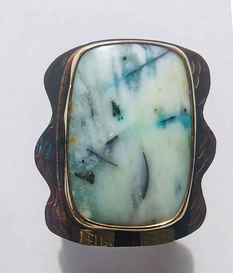 Image 1 for Sterling, 22k and Blue Opal Displaced Petrified Wood Ring - Size 7 3/4 Sterling, 22k and Blue Opal Displaced Petrified Wood Ring - Size 7 3/4